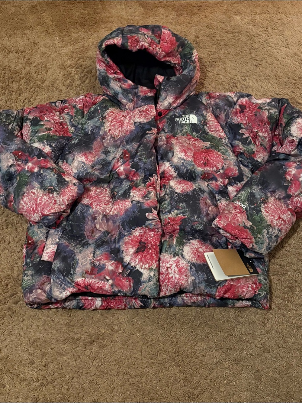 The North Face Girls Floral Print Hooded Puffer Jacket - Pink/Navy/Green